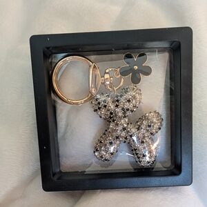 Sparkling Balloon Dog Silver & Black Bag Charm Keychain with Flower Charm